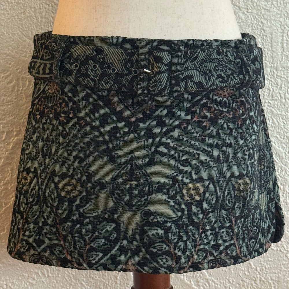 Free People Tapestry Patterned Belted Mini Skirt - Green, Teal and Black